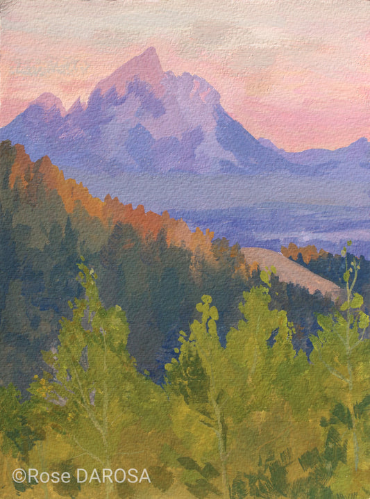 Dawn-The other side of the Tetons. Bridger-Teton NF. Gouache by Rose DAROSA Price: 125